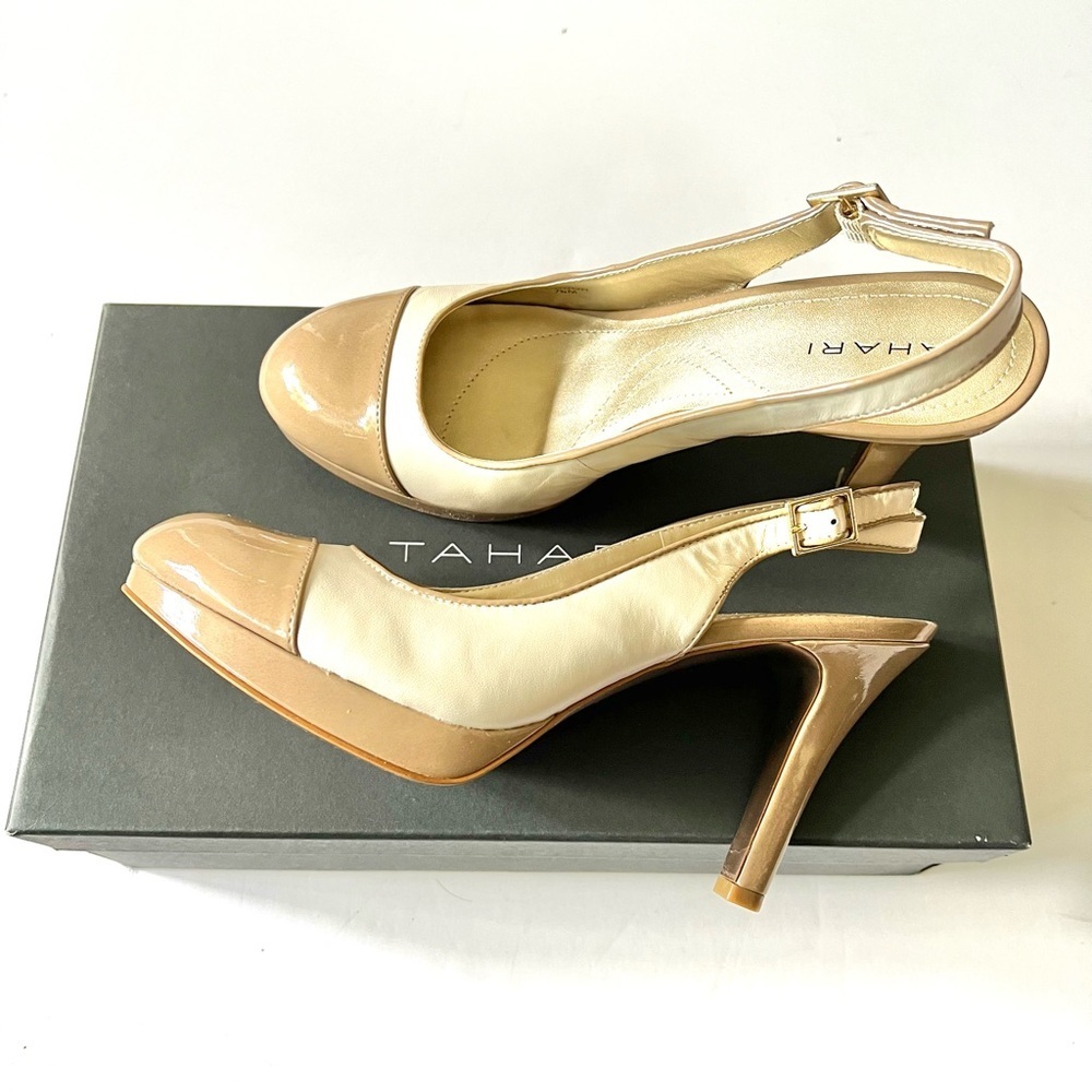 Tahari Two Tone Slingback Platform Heels Ivory Tan Patent Leather